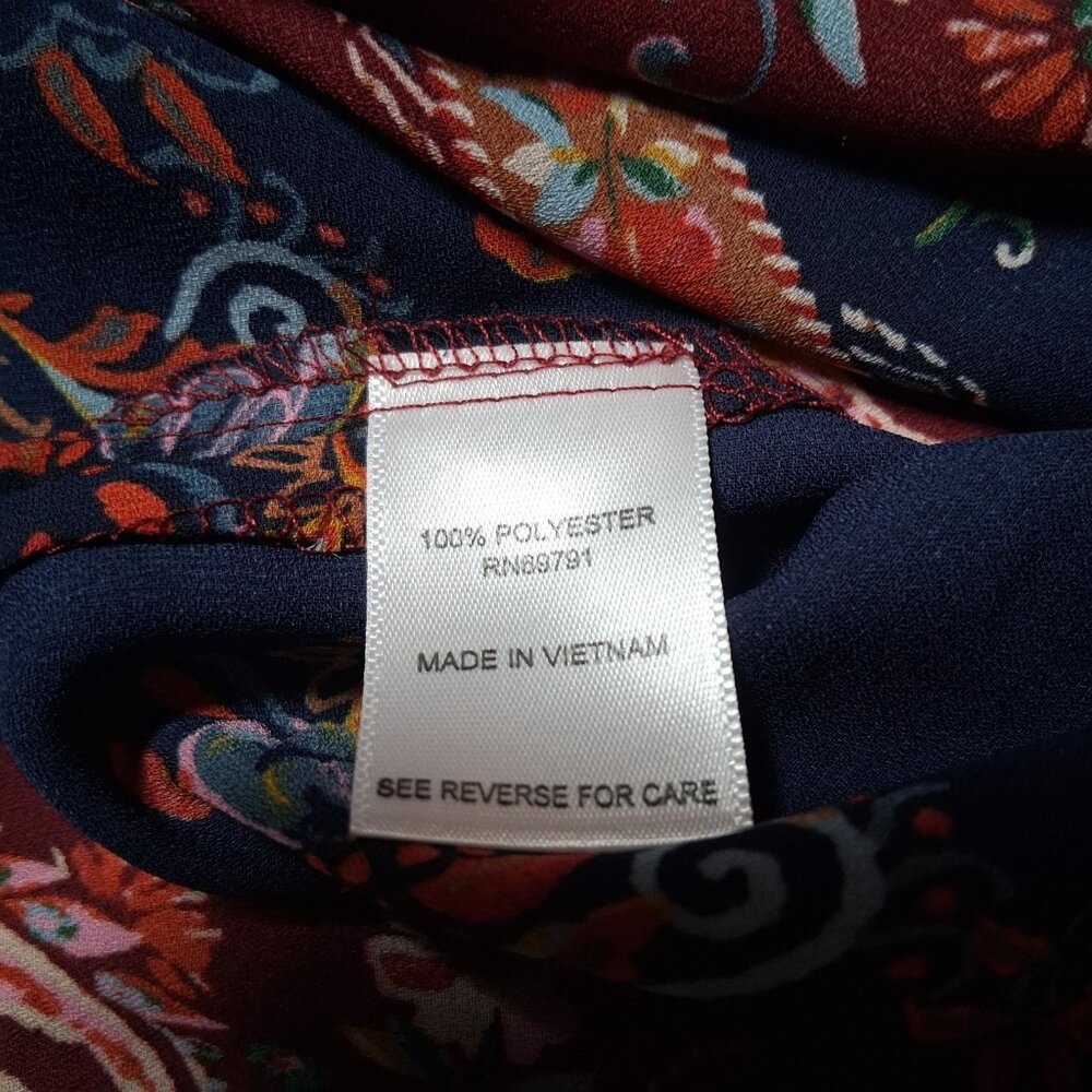 Dressbarn Blouse XL Maroon Blue Paisley Floral Tapestry Semi Sheer Long Sleeve - Picture 8 of 16